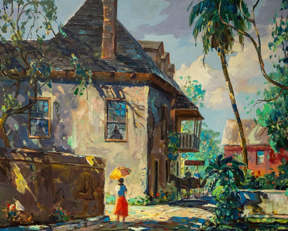 An undated painting by Emmett Fritz shows a street scene of St. Augustine. The painting is part of an exhibit at the Governor's House Cultural Center and Museum in St. Augustine.