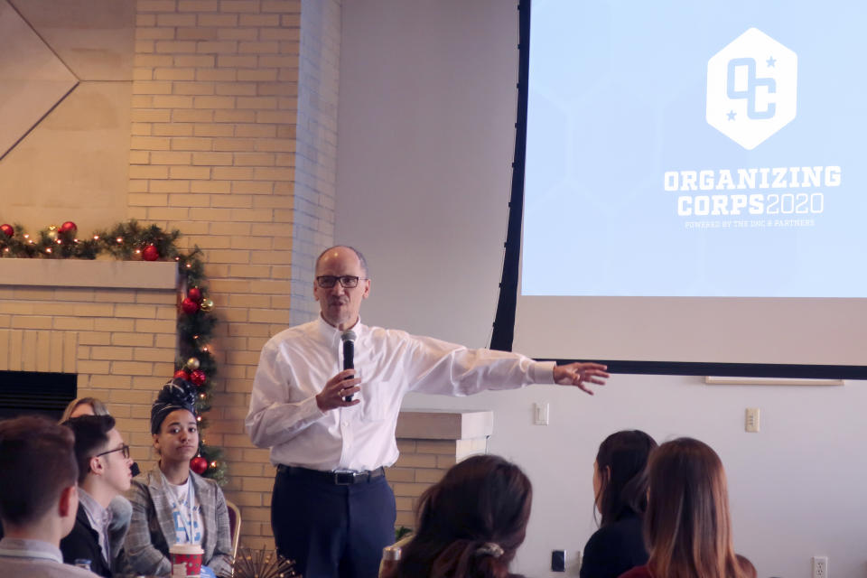 Democratic National Committee Chairman Tom Perez speaks to student organizers receiving training to work on the presidential campaign on Thursday, Jan. 16, 2019, in Madison, Wis. Perez told the students they will be the key to defeating President Donald Trump this year. (AP Photo by Scott Bauer)