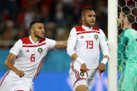 <p>Morocco toast their big moment late on </p>