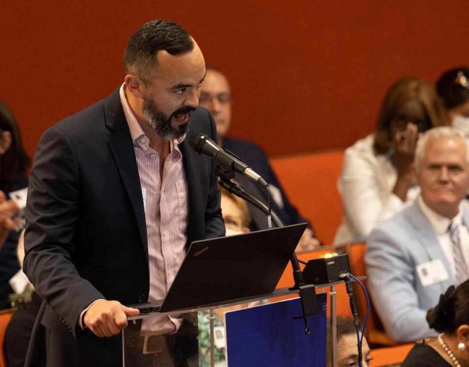 Alex Serrano, director of the Miami-Dade chapter of County Citizens Defending Freedom, speaks against recognizing LGBTQ History Month in October in Miami-Dade Public Schools at the School Board meeting on Wednesday, Sept. 7, 2022. The group fought the School Board over a sex-education textbook that the board first banned, then reinstated in a second vote. Serrano has no children in Miami-Dade Public Schools. He sends his children to Centner Academy, a Miami private school with a controversial anti-COVID-19 vaccination agenda.