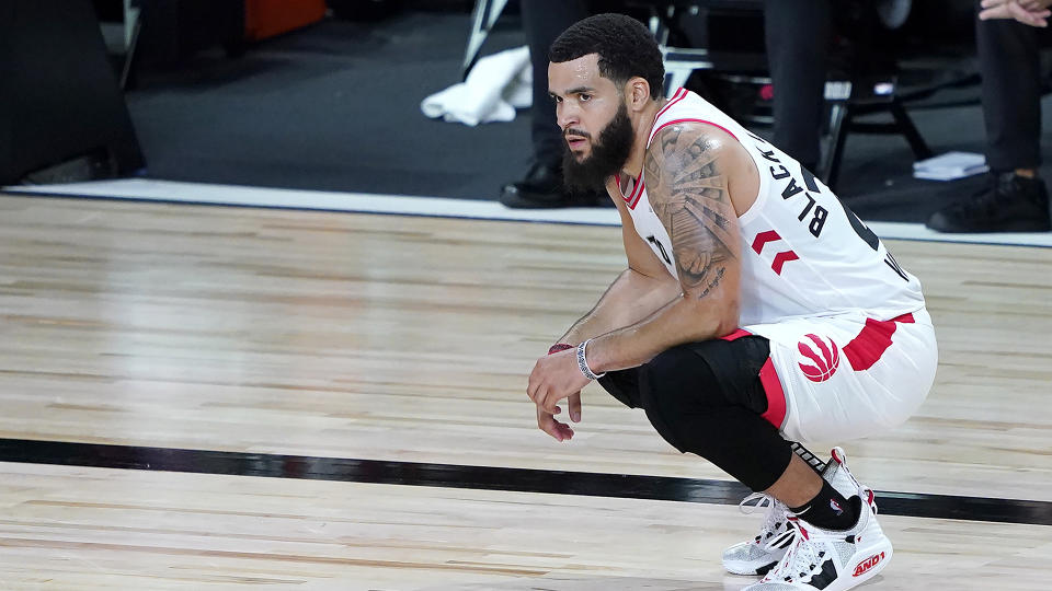 LAKE BUENA VISTA, FLORIDA - AUGUST 07: Fred VanVleet #23 of the Toronto Raptors  looks on during a coaches challenge in the first half of an NBA basketball game against the Boston Celtics at the ESPN Wide World Of Sports Complex on August 7, 2020 in Lake Buena Vista, Florida. NOTE TO USER: User expressly acknowledges and agrees that, by downloading and or using this photograph, User is consenting to the terms and conditions of the Getty Images License Agreement. (Photo by Ashley Landis-Pool/Getty Images)