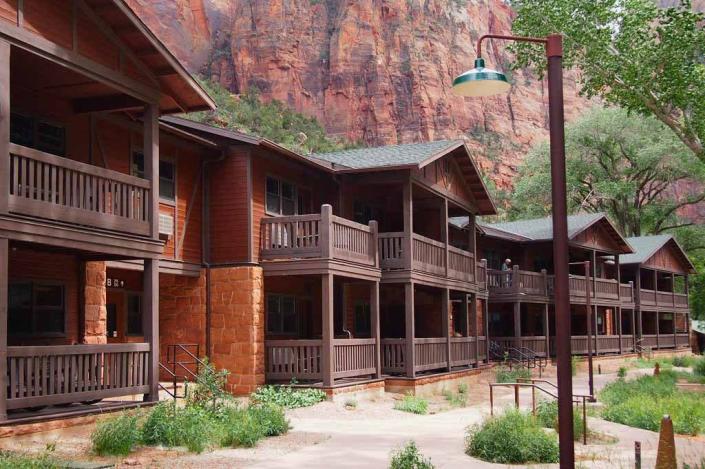 <p>As the only lodge inside Utah’s Zion National Park, <a href="https://www.zionlodge.com/" rel="nofollow noopener" target="_blank" data-ylk="slk:Zion Lodge" class="link rapid-noclick-resp">Zion Lodge</a> was designed by Gilbert Stanley Underwood in 1924. A fire destroyed the original lodge in 1966; it was quickly rebuilt without its original rustic look but restored to its historic design during a 1990 renovation. Today, guests can experience views of the park’s majestic red sandstone cliffs from private porches on the 40 cabins or the main lodge rooms’ balconies. Zion Lodge is a member of Historic Hotels of America.</p>