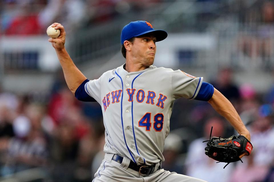 New York Mets starting pitcher Jacob deGrom works in the first inning of a baseball game against the Atlanta Braves Thursday, July 1, 2021, in Atlanta. (AP Photo/John Bazemore)