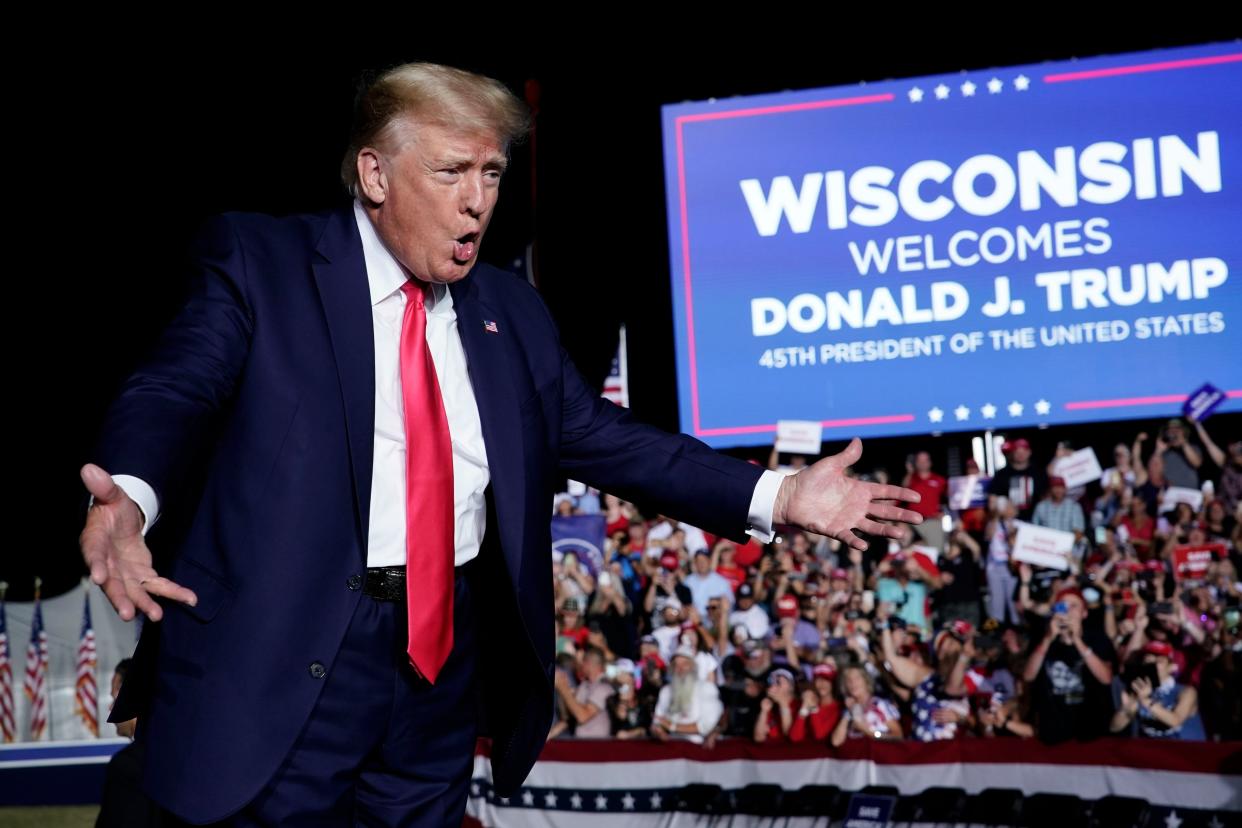 Former President Donald Trump speaks at a rally Friday, Aug. 5, 2022, in Waukesha, Wis. 