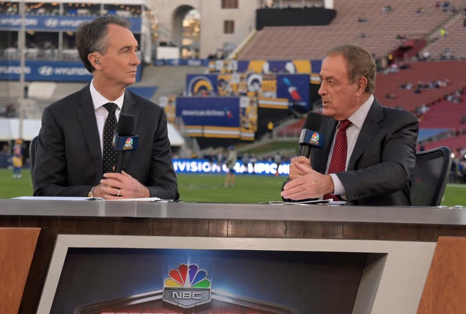 NBC Sports broadcasters Cris Collinsworth and Al Michaels during the NFL game between the Philadelphia Eagles and the Los Angeles Rams at Los Angeles Memorial Coliseum.