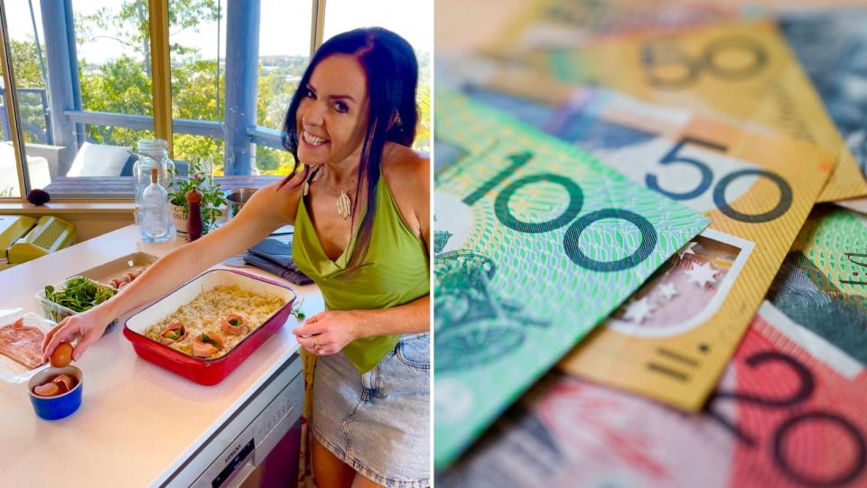 Compilation image of Nicole and her budget brekkie and a pile of cash