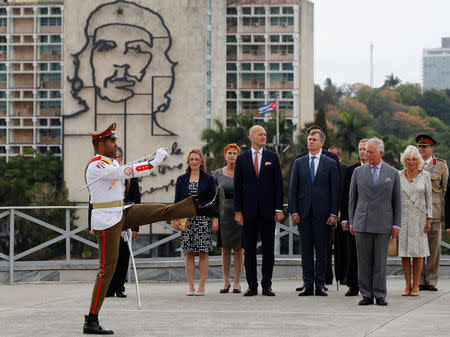 Britain's Prince Charles and Camilla, Duchess of Cornwall, attend a welcoming ceremony as they arrive in Havana, Cuba, March 24, 2019. REUTERS/Phil Noble