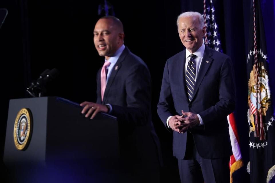 U.S. Rep. Hakeem Jeffries (D-NY) (L), Chairman of House Democratic Caucus, speaks as President Joe Biden (R) listens during the 2022 House Democratic Caucus Issues Conference March 11, 2022 in Philadelphia, Pennsylvania. (Photo by Alex Wong/Getty Images)