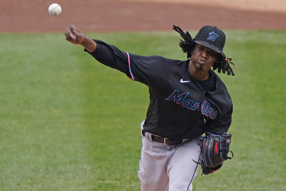 Miami Marlins starting pitcher Jose Urena delivers during the first inning of a baseball gam against the New York Yankees, Sunday, Sept. 27, 2020, at Yankee Stadium in New York. (AP Photo/Kathy Willens)
