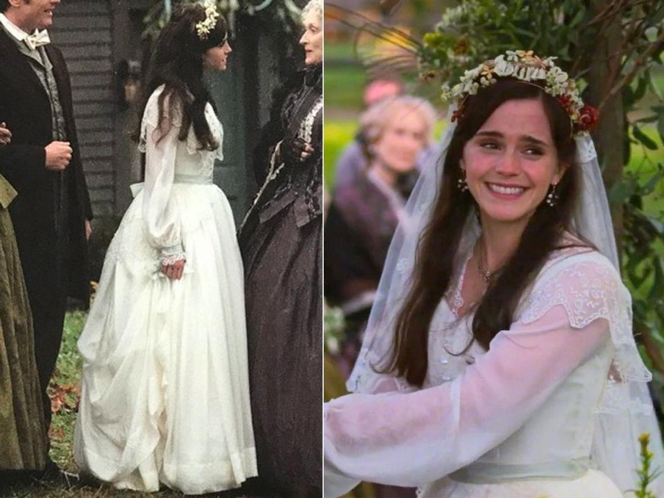 A side-by-side of Emma Watson in a wedding dress in "Little Women."