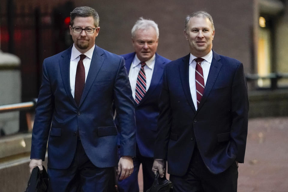 FILE - Former Ohio Republican Party chair Matt Borges, right, walks toward Potter Stewart U.S. Courthouse with his attorneys Todd Long, left, and Karl Schneider, center, before jury selection in his federal trial on Jan. 20, 2023, in Cincinnati. The racketeering trial of former Ohio House Speaker Larry Householder and lobbyist Borges was cancelled due to illness again Friday, Feb. 17, 2023, giving jurors a long holiday weekend to mull striking new details shared this week — from the stand and on tape — by players directly involved in the $60 million bribery scheme alleged by federal prosecutors. (AP Photo/Joshua A. Bickel)