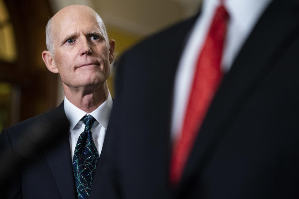 Senator Rick Scott, a Republican from Florida, during a news conference following the weekly Republican caucus luncheon at the US Capitol in Washington, DC, US, on Tuesday, Nov. 29, 2022. (Al Drago/Bloomberg via Getty Images)