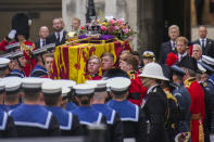 <p>The coffin of Queen Elizabeth II is placed on a gun carriage during the State Funeral of Queen Elizabeth II at Westminster Abbey on Sept. 19, 2022 in London, England. Elizabeth Alexandra Mary Windsor was born in Bruton Street, Mayfair, London on April 21, 1926. She married Prince Philip in 1947 and ascended the throne of the United Kingdom and Commonwealth on Feb. 6, 1952 after the death of her father, King George VI. Queen Elizabeth II died at Balmoral Castle in Scotland on Sept. 8, 2022, and is succeeded by her eldest son, King Charles III. (Photo by Emilio Morenatti - WPA Pool/Getty Images)</p> 