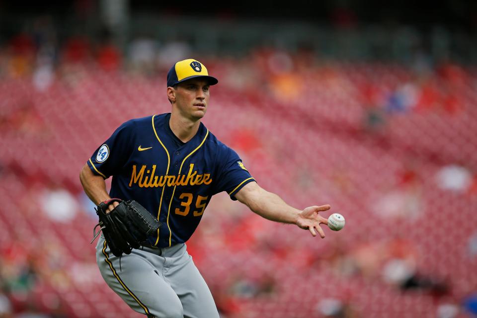 Brent Suter has a 1.13 ERA in 16 career innings at Great American Ball Park, including inducing this ground-ball out off the bat of Eugenio Suarez in 2021.