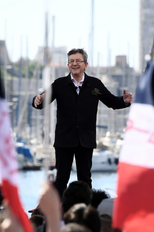 Jean-Luc Melenchon delivers a speech during a public meeting at the Old Port of Marseille, southern France, on April 9, 2017