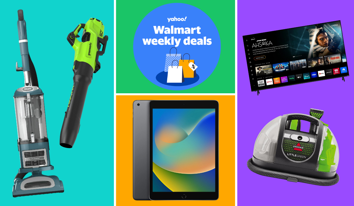 Shark vacuum, leaf blower, Apple iPad, Vizio smart TV, Bissell Little Green vacuum beside badge reading Yahoo! Walmart weekend deals