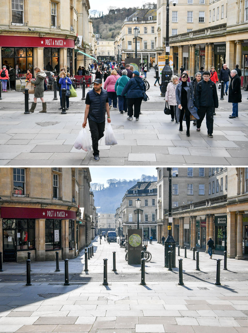 A composite image of the streets in the centre of Bath busy with visitors and shoppers on 11/03/20 (top) and the empty streets on Tuesday 24/03/20 the day after Prime Minister Boris Johnson put the UK in lockdown to help curb the spread of the coronavirus.