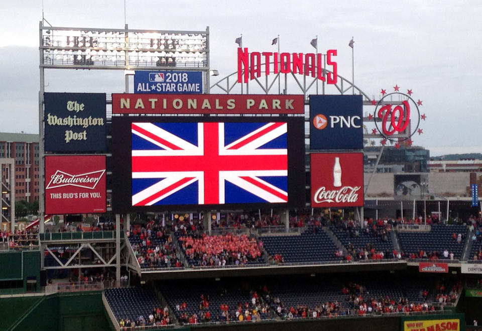 <p>The Union Jack is displayed on a giant screen during the observance of a Moment Of Silence for the Manchester attack victims, at Nationals Park, home of the Nationals major league baseball team, in Washington, D.C., on May 24, 2017. (Susan Stumme/AFP/Getty Images) </p>