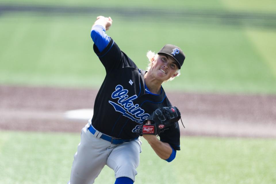 Pleasant Grove’s Brayden Marx pitches the ball during a 6A baseball state tournament game at the UCCU Ballpark in Orem on Monday, May 22, 2023. | Ryan Sun, Deseret News