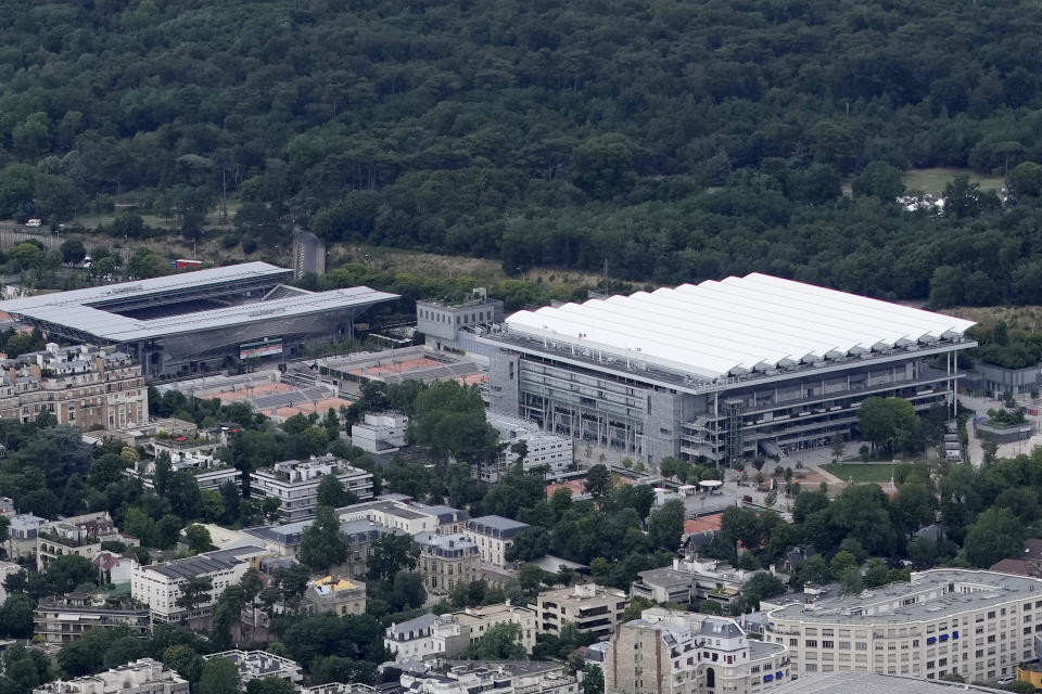 The Roland Garros stadium is seen in Paris, France, Tuesday, July 11, 2023. The stadium will host the Paris 2024 tennis and boxing competitions. (AP Photo/Christophe Ena)