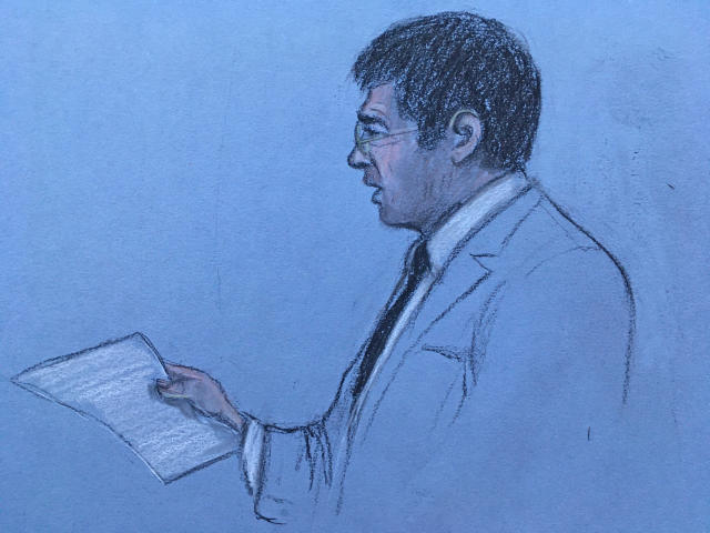 Court artist sketch by Elizabeth Cook of Jeremy Everard, the father of Sarah Everard, reading a victim impact statement at the Old Bailey in London, on the first day of a two-day sentence hearing after former Metropolitan Police officer Wayne Couzens pleaded guilty to the kidnap, rape and murder of Sarah Everard. Picture date: Wednesday September 29, 2021.