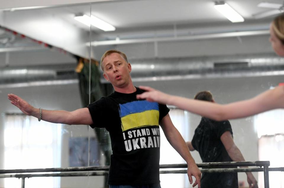 Sergiy Mykhaylov, one of the owners of the International School of Ballet in University Park on March 3, 2022, trains one of his students. The owners of the school quickly changed the name from the Russian School of Ballet in reaction to Russia’s invasion of Ukraine.