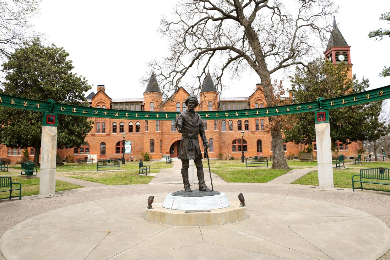 A statue of Sequoyah, who created the Cherokee syllabary, stands on the center of campus in Northeastern State University in Tahlequah. The northeast Oklahoma city is home to two federally recognized Cherokee tribes: the Cherokee Nation of Oklahoma and the United Keetoowah Band of Cherokee Indians.