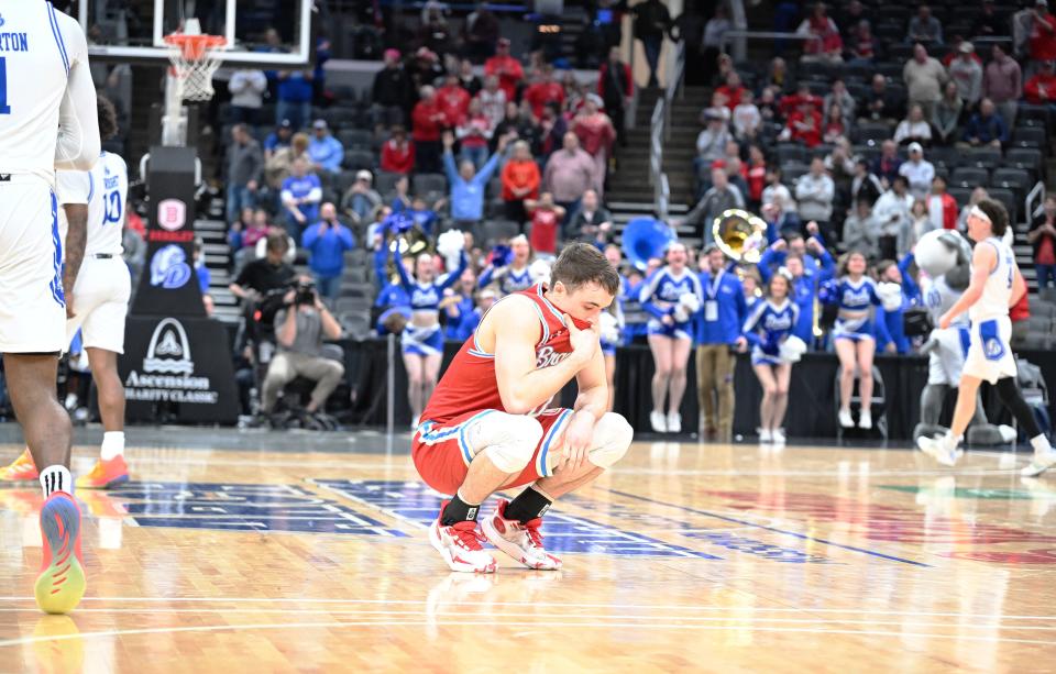 Bradley guard Connor Hickman reacts during the Braves 72-67 loss to Drake in the Missouri Valley Conference Tournament semifinals at Enterprise Center in St. Louis on Saturday, March 9, 2024.