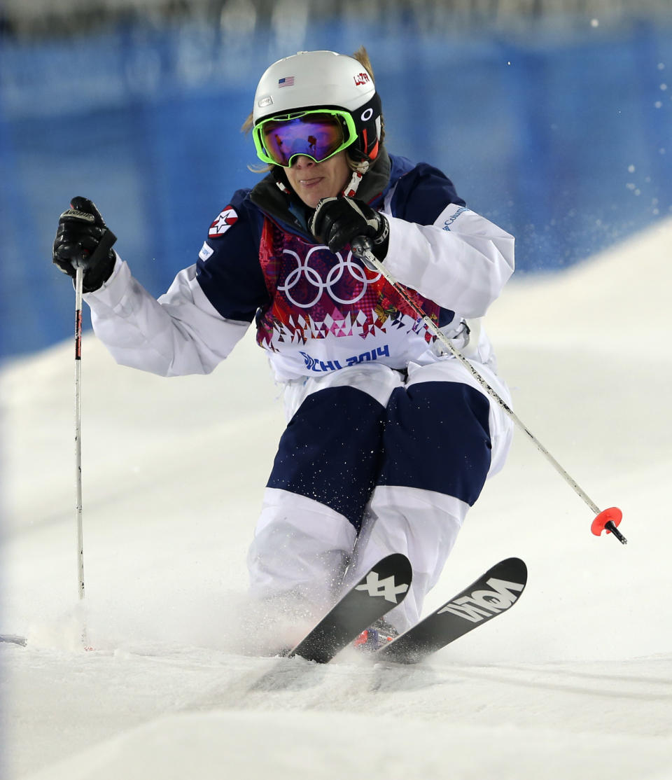 United States' Hannah Kearney competes in the women's moguls final 1 at the Rosa Khutor Extreme Park, at the 2014 Winter Olympics, Saturday, Feb. 8, 2014, in Krasnaya Polyana, Russia.(AP Photo/Sergei Grits)