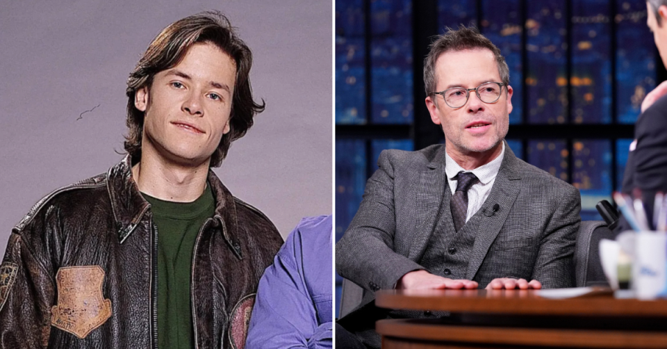 Guy Pearce as Mike Young in Neighbours and recently on a talk show wearing a suit and vest with narrow-rimmed glasses.