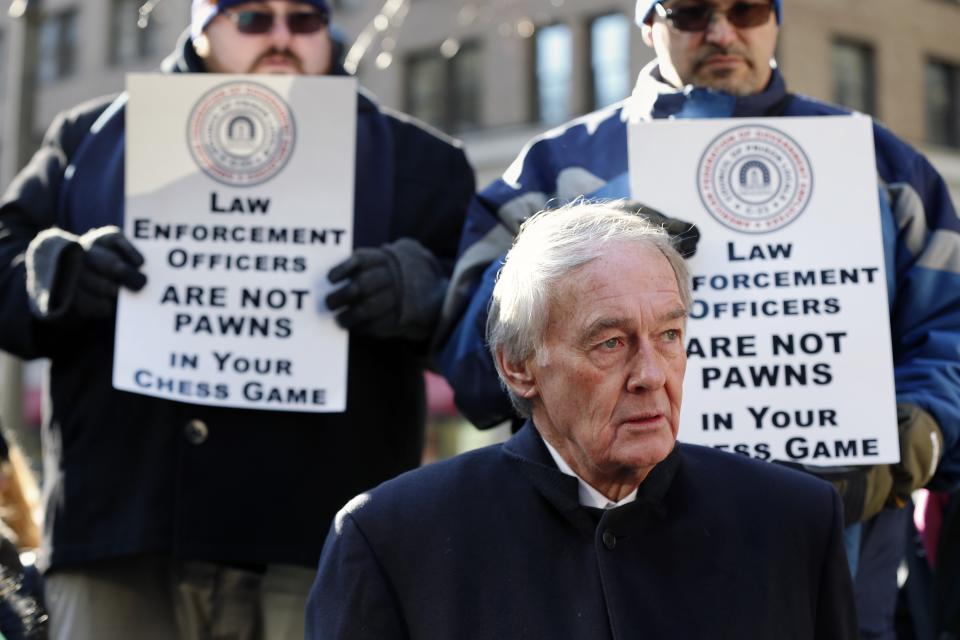 U.S. Sen. Ed Markey, D-Mass., attends a rally with government workers and their supporters in Boston, Friday, Jan.11, 2019 calling for President Donald Trump to drop his demand for funding for a wall on the southern U.S. border and to reopen the federal government. (AP Photo/Michael Dwyer)