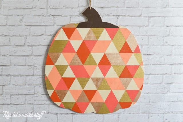 <p>You’ll need a ruler, craft paint, and wooden pumpkin cutouts for this pretty, modern looking project. (You’ll also need a bit of patience to do it in steps as the paint dries.) This one doubles as a geometry lesson for older kids.</p><p><em><a href="https://heyletsmakestuff.com/geometric-wood-pumpkin/" rel="nofollow noopener" target="_blank" data-ylk="slk:Get the tutorial at Hey, Let’s Make Stuff »;elm:context_link;itc:0;sec:content-canvas" class="link ">Get the tutorial at Hey, Let’s Make Stuff » </a></em></p>