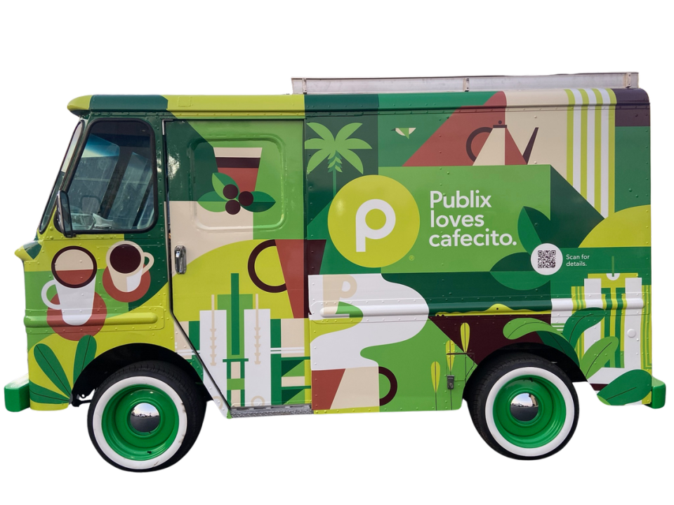 This is what the Publix Cafecito truck will look like when it roams Miami neighborhoods from Friday, March 1, to Tuesday, March 5, 2024. The grocery chain will hand out free cafecito and guava bites from the truck.