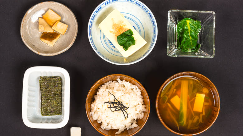 Japanese morning meal displayed top down