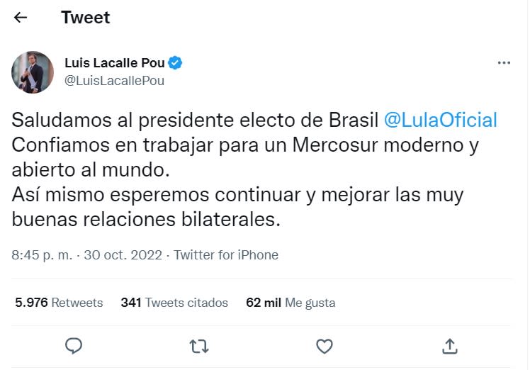 Cuando la tendencia de 2.000.000 de votos era irreversible, el presidente uruguayo Luis Lacalle Pou se sumó a los mensajes de reconocimiento a Luiz Inacio 