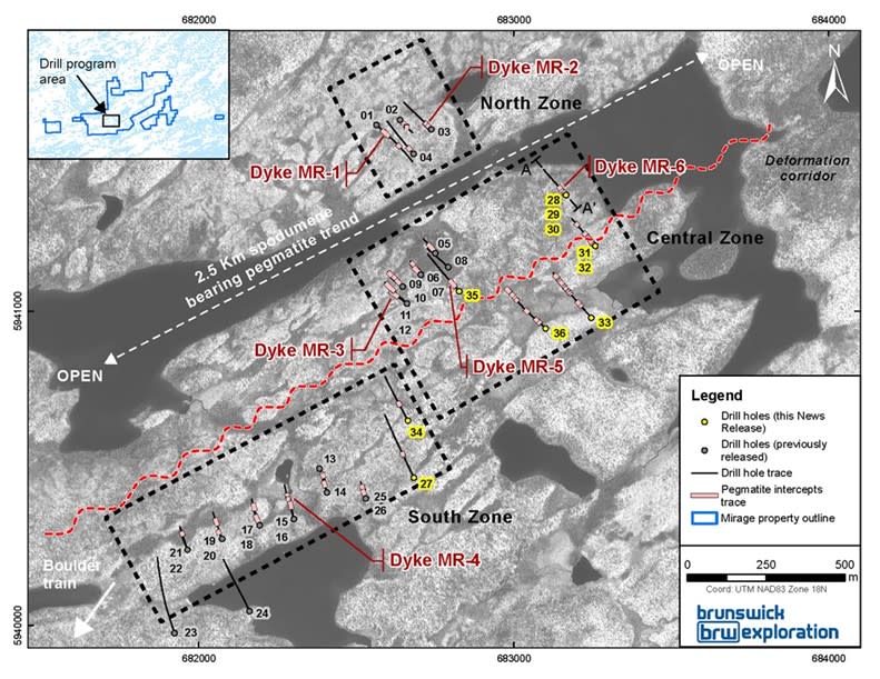 Surface Map of the Mirage Project and Drill Holes Completed to Date – Brunswick Exploration