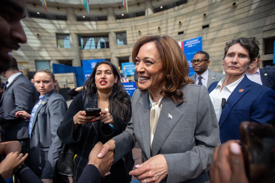 Vice President Kamala Harris greets the crowd after speaking at the Charles H. Wright Museum of African American History in Detroit on her nationwide Economic Opportunity Tour on Monday, May 6, 2024. The vice president highlighted how the Biden-Harris administration has taken historic steps to advance economic opportunity by creating jobs, investing in small businesses, supporting the auto sector, increasing access to capital, improving access to housing, forgiving student loans and medical debt, and championing additional policies that put money in people’s pockets and build wealth. VP Harris outlined how she and President Joe Biden are expanding this work.