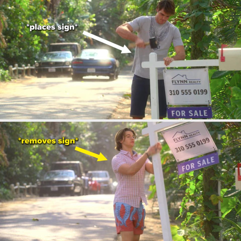 Noah hammering in a "for sale" sign, and Lee removing it