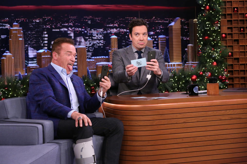 THE TONIGHT SHOW STARRING JIMMY FALLON -- Episode 0591 -- Pictured: (l-r) Actor Arnold Schwarzenegger and host Jimmy Fallon have a Snapchat Interview on December 14, 2016 -- (Photo by: Andrew Lipovsky/NBCU Photo Bank/NBCUniversal via Getty Images via Getty Images)