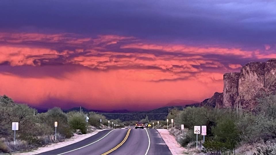 <div>Greg Gates captured this stunning sunset mixed with storm clouds while headed north on Bush Highway</div>