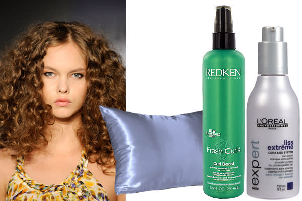 <div class="caption-credit"> Photo by: Shop Bedding</div>Sleeping beauties with curls have a double challenge: preventing frizz from forming while also trying to keep the spring in their coils. According to Barr, friction causes frizz, so if you decided to sleep on a satin pillowcase for your skin, you'll be happy to hear that your curls will enjoy it as well: "Soft satin pillowcases reduce friction and are pretty luxe to sleep on as well!" <br> <br> To keep ringlets intact and defined overnight, Barr advises applying a small amount of smoothing cream to your hair in sections, allowing the product to soak in overnight: "If you are worried about the product, loosely tie on a scarf or handkerchief to protect your hair and keep it off of your pillowcase and sheets." Maybe not the sexiest bedtime ensemble, but to avoid the whole wash/scrunch/twirl routine in the morning, we'd say it's worth it to sport the scarf. If curls look at all limp,just add a little bit of curl spray to bring back the spring factor. <br> <br> <b>Redken</b> Fresh Curls Cur