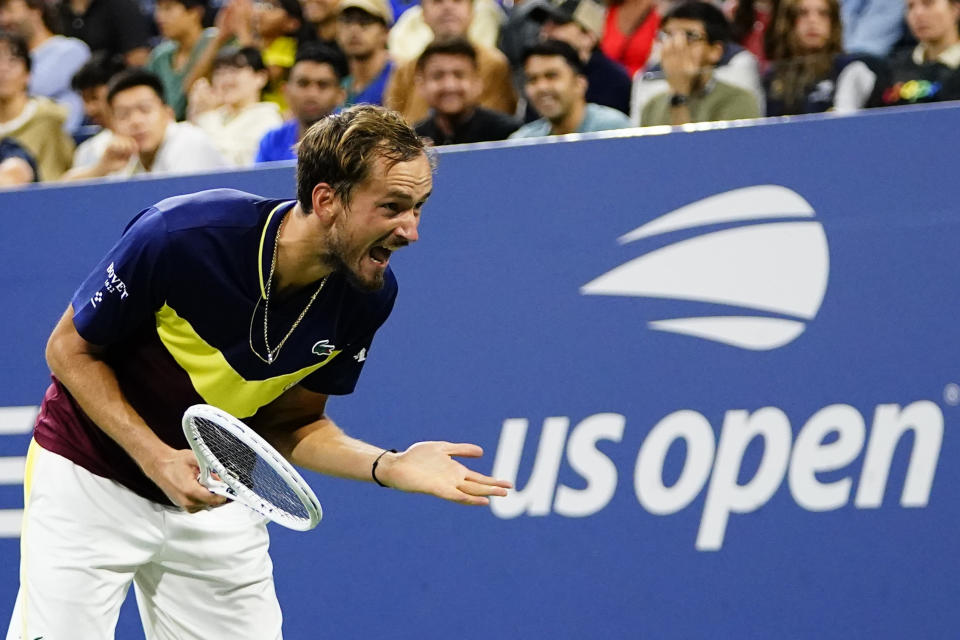 Daniil Medvedev, of Russia, reacts during a match against Christopher O'Connell, of Australia, at the second round of the U.S. Open tennis championships, Friday, Sept. 1, 2023, in New York. (AP Photo/Frank Franklin II)