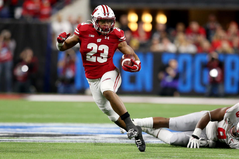 Wisconsin RB Jonathan Taylor could end up as the top back drafted in 2020 — or even the fourth one picked. (Photo by Justin Casterline/Getty Images)