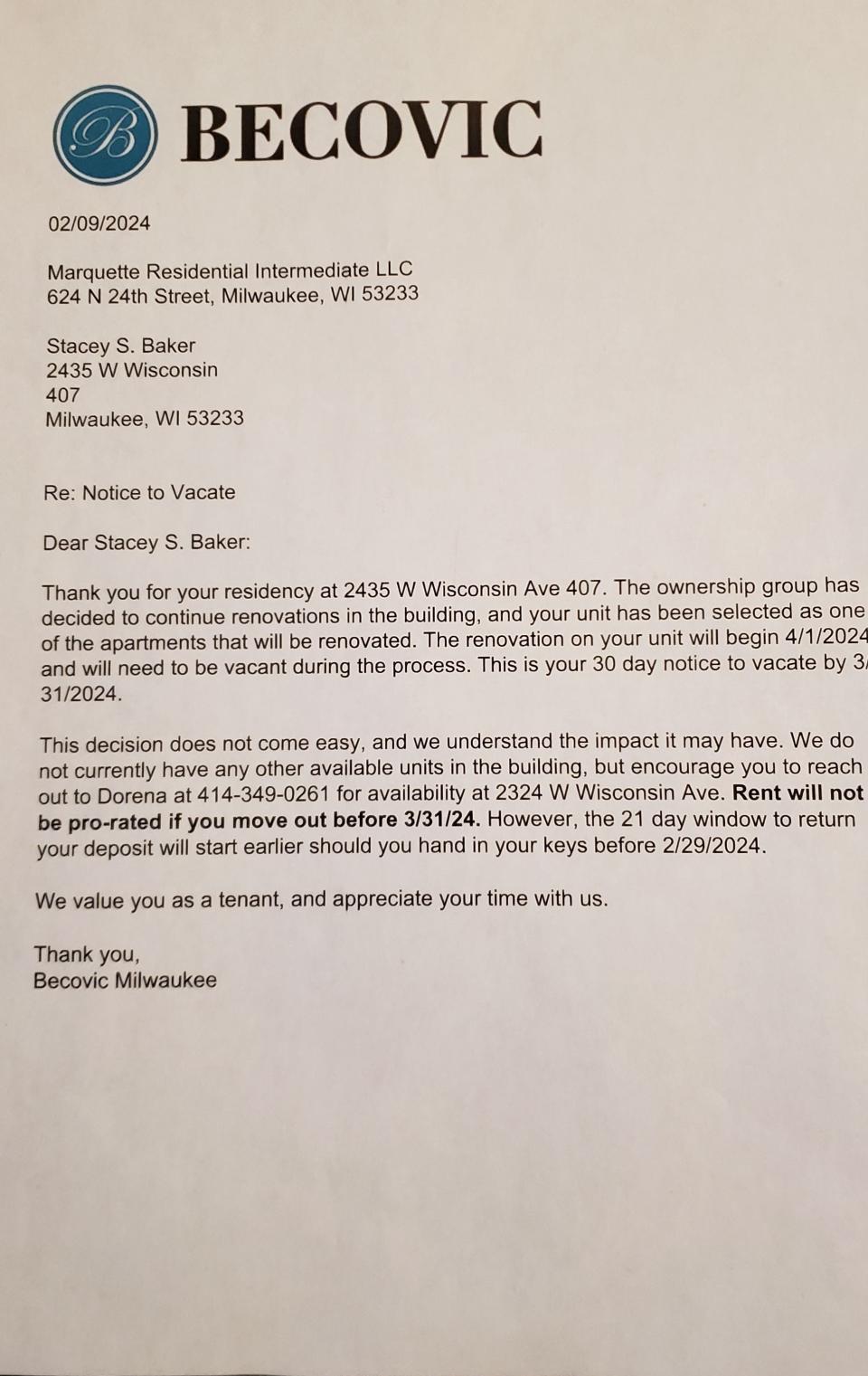 Stacey Baker found a notice to vacate from her building management on the floor outside of her apartment in February.