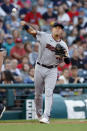 Minnesota Twins third baseman Gio Urshela throws out Cleveland Guardians designated hitter Owen Miller at first base during the fifth inning of a baseball game Monday, June 27, 2022, in Cleveland. (AP Photo/Ron Schwane)