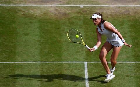  Johanna Konta of Great Britain plays a forehand in her Ladies' Singles Quarter Final match against Barbora Strycova of Czech Republic during Day Eight of The Championships  - Credit: GETTY IMAGES