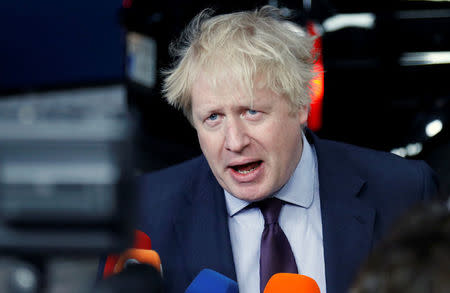 Britain's Foreign Secretary Boris Johnson talks to the media as he arrives at an European Union foreign ministers meeting in Brussels, Belgium, March 19, 2018. REUTERS/Francois Lenoir