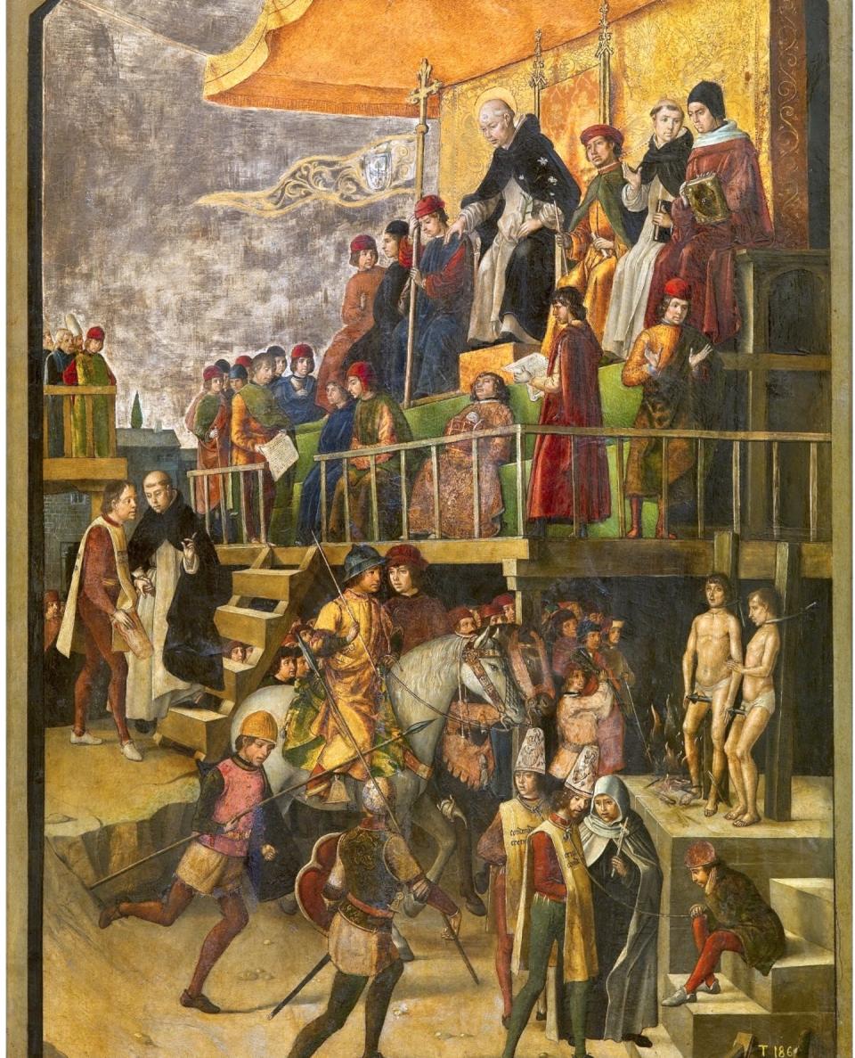 <span class="caption">Auto de fe presidido por Santo Domingo de Guzmán (Pedro Berruguete, entre 1493 y 1499). </span> <span class="attribution"><a class="link " href="https://commons.wikimedia.org/wiki/File:Pedro_Berruguete_Saint_Dominic_Presiding_over_an_Auto-da-fe_1495.jpg" rel="nofollow noopener" target="_blank" data-ylk="slk:Wikimedia Commons / Museo del Prado;elm:context_link;itc:0;sec:content-canvas">Wikimedia Commons / Museo del Prado</a></span>