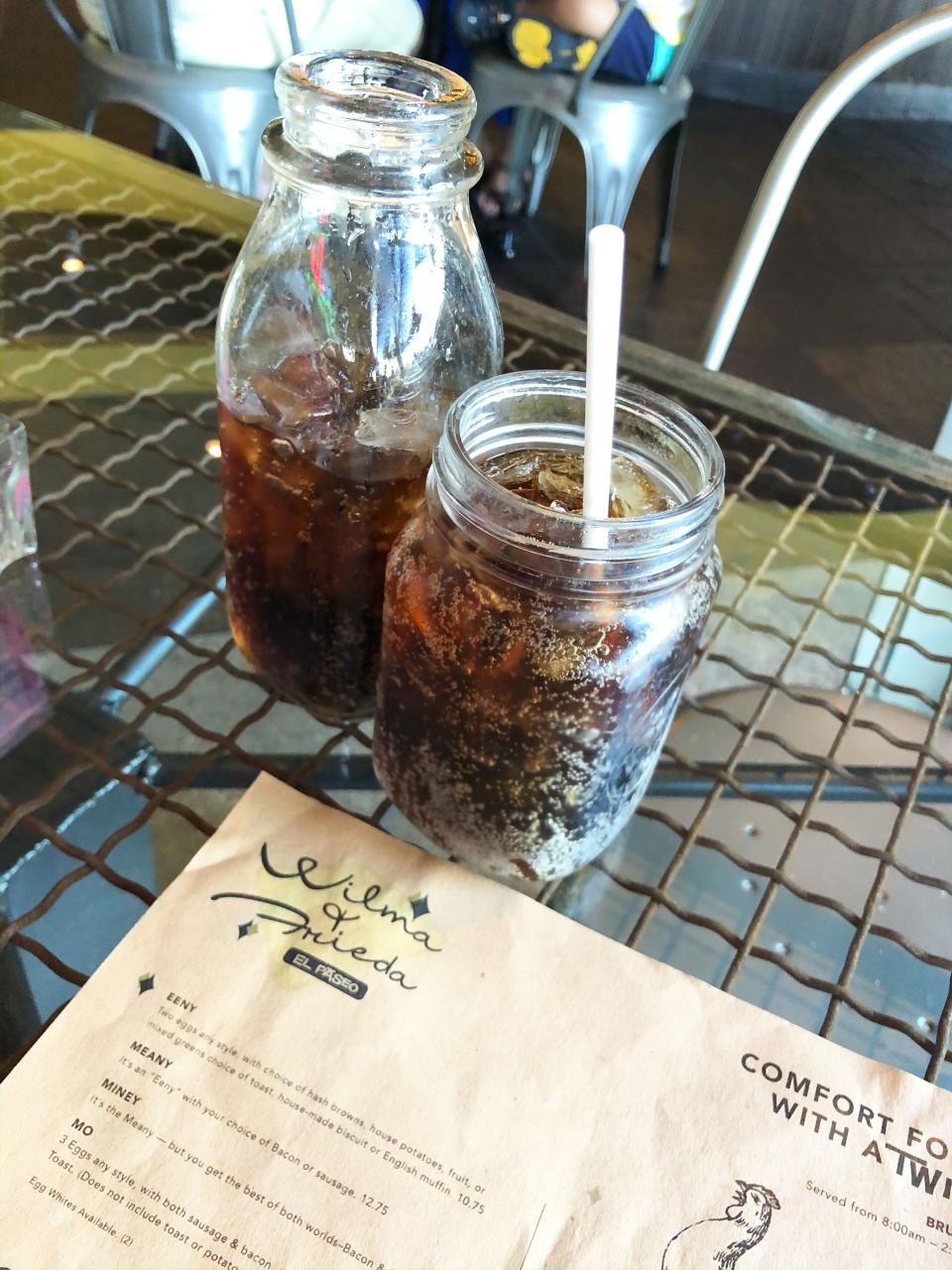 two ices coffees on outdoor table at Wilma & Frieda’s in palm springs california