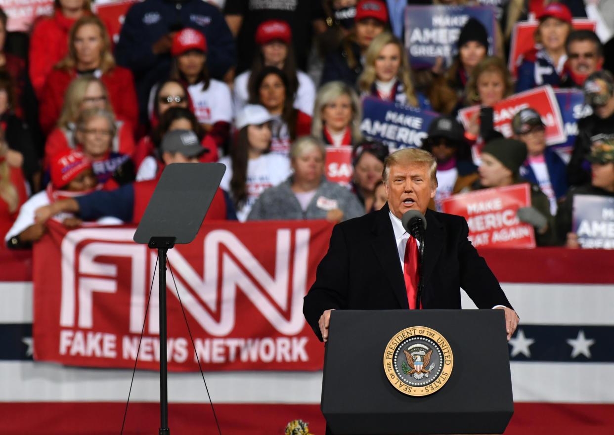 President Donald J. Trump addresses the crowd at a "Victory Rally" with GOP Sens. David Perdue and Kelly Loeffler in Valdosta, GA. (Photo by Peter Zay/Anadolu Agency via Getty Images)